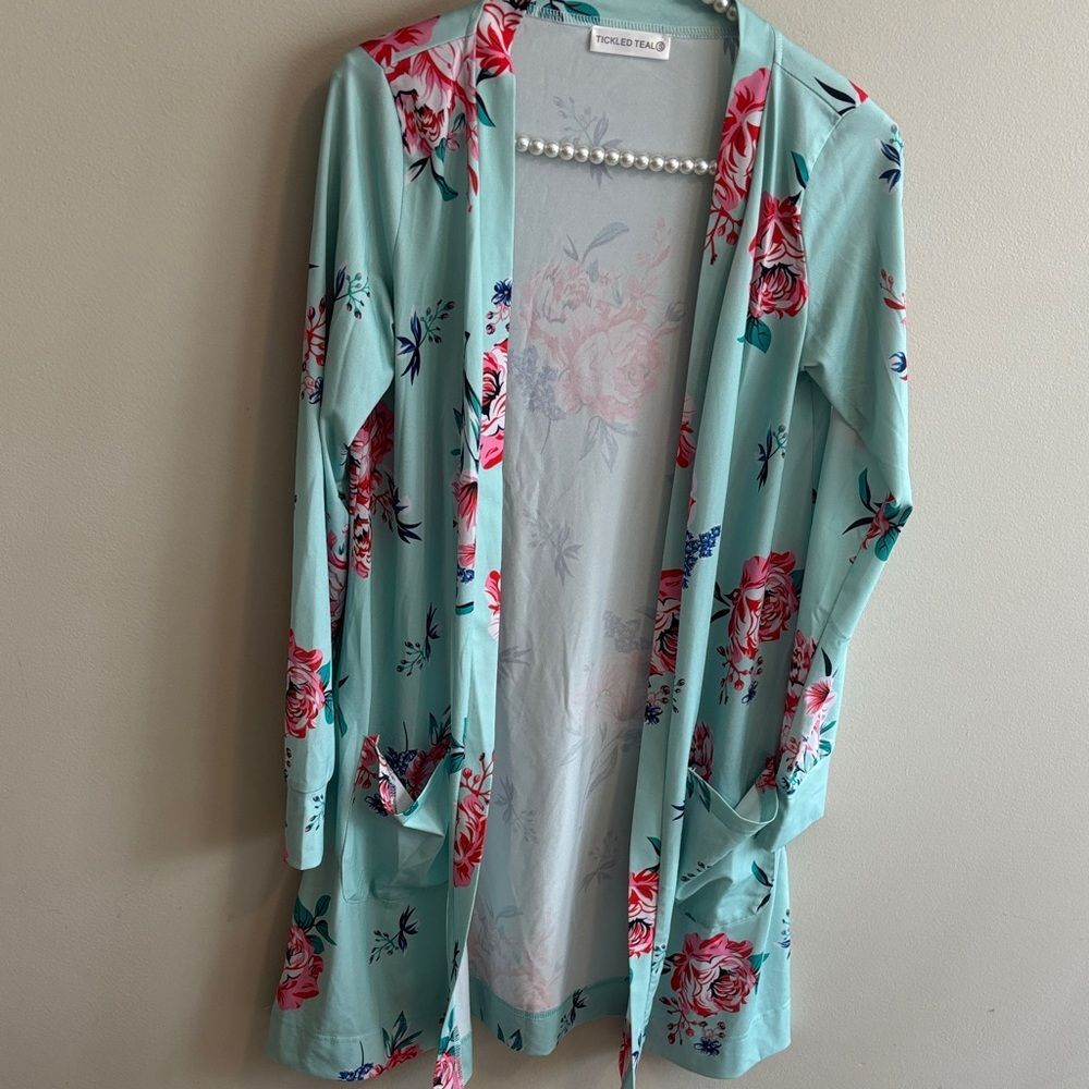 Tickled Teal Floral Open Cardigan size small